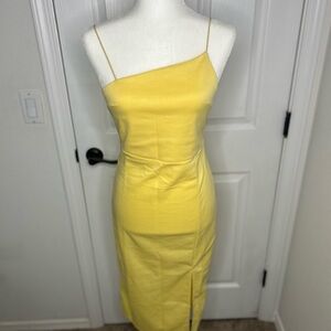 Asymmetrical Neck Yellow Midi Slip Dress with Spaghetti Straps